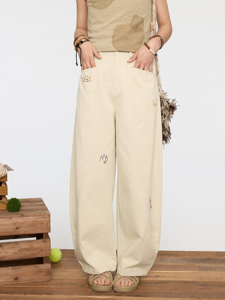 Wide-leg Beige for Pants Cute Autumn Winter Cut - Vintage Embroidery