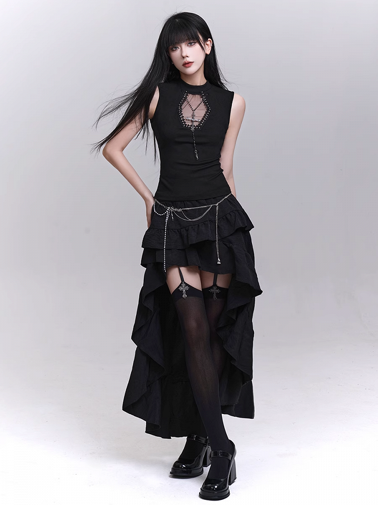 ネックレス タンクトップ クロス 棺型 カットアウト ブラック スタッズ付き フリー