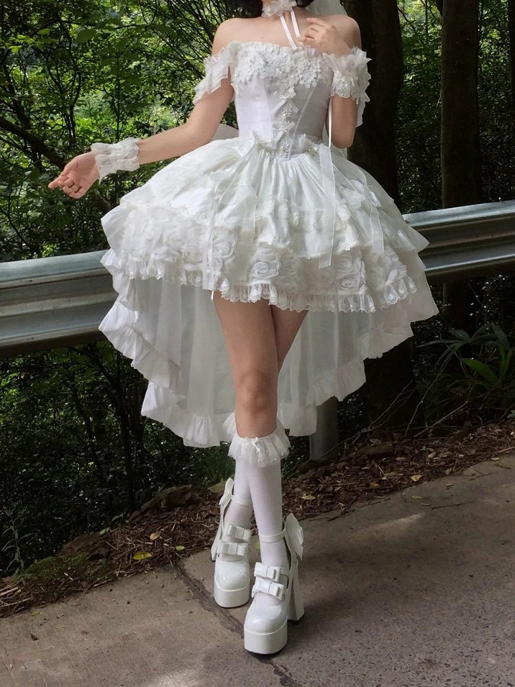 Blooming Layered Jacquard Hime Lolita Dress – Basque Waist with Lace & Fluffy Flower Accents | Sheer Ocean