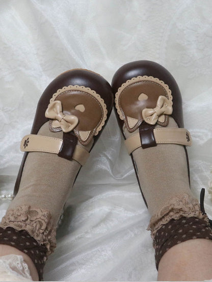 PU Kitty Sweet Closures - Flats Scalloped Hem Brown Velcro at Top Embroidery Cat Paw Strap
