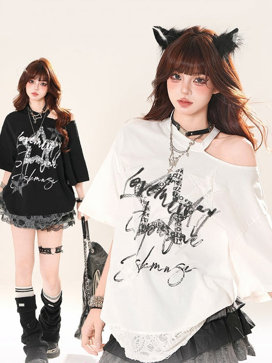 Cutout Shoulder Distressed Holes Hem Graphic T-Shirt Black/White