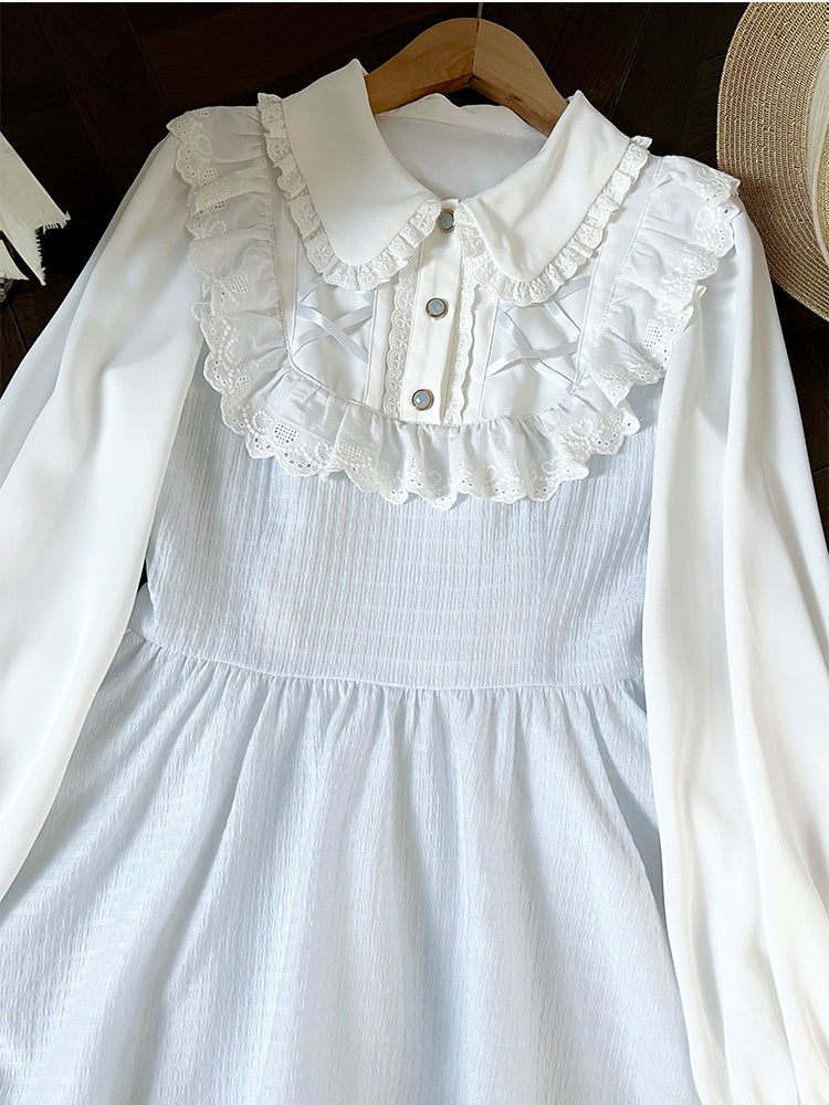 Tenshi Kaiwai Blaues Jirai-Kei-Kleid mit Peter-Pan-Kragen und gerüschtem Spitzenbesatz