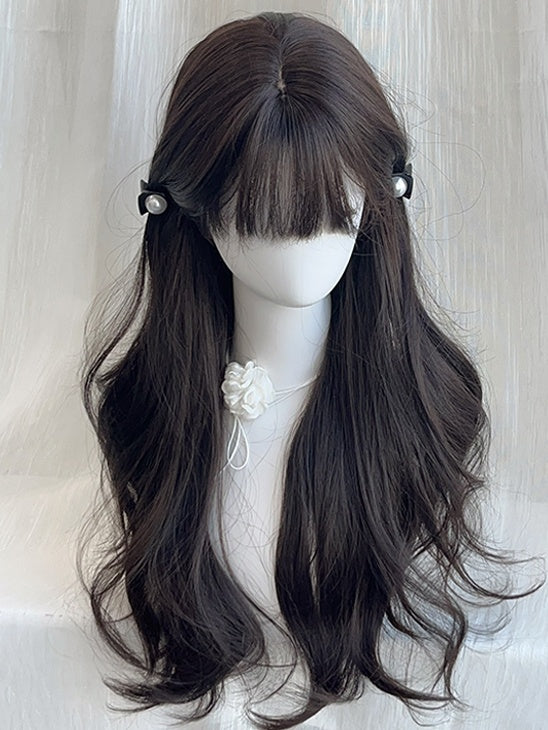 Tea Black 65cm Long with Wig Wavy Full Bangs