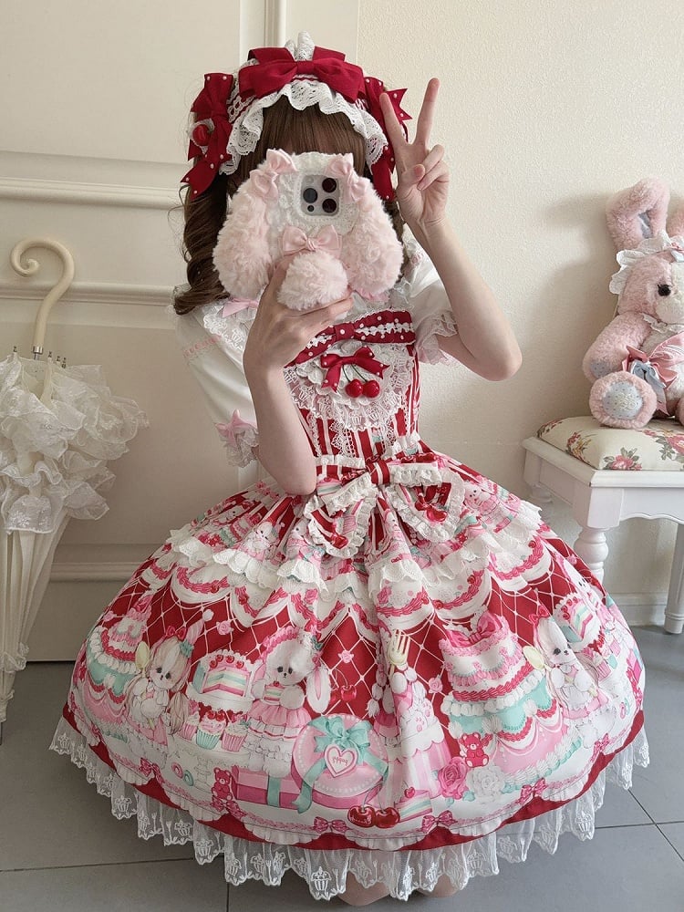 Crimson Bunny Cherry Print Sweet Lolita Jumper Dress - Miss Han