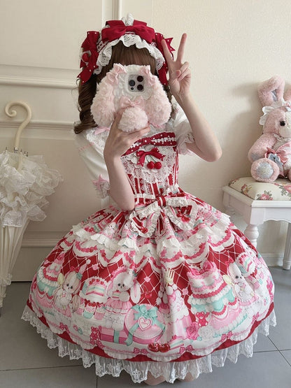 Crimson Bunny Cherry Print Sweet Lolita Jumper Dress - Miss Han
