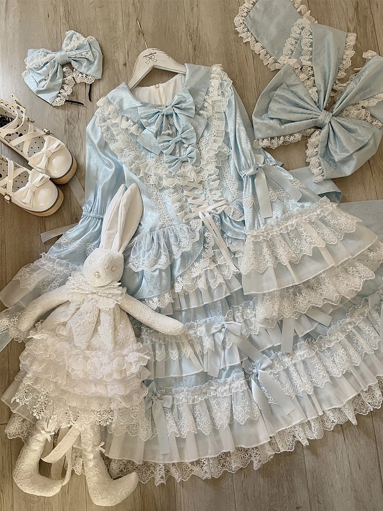 Bell Skirt Bows Tiered Ruffle Lolita Decorated Dress Blue Sleeves Long