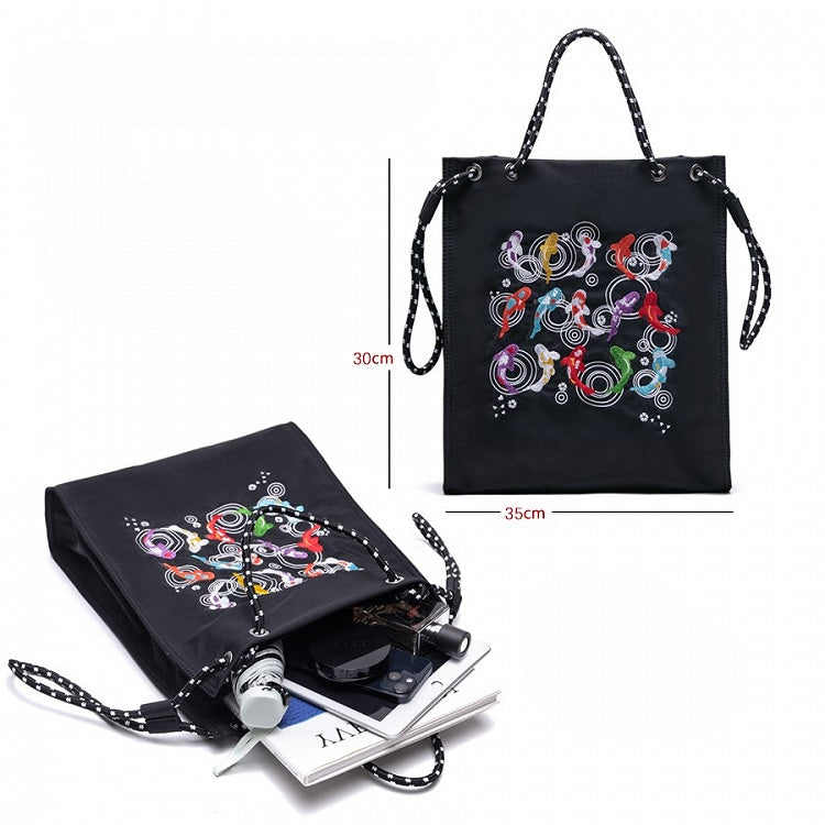 Trendy Koi Black Tote Bag With Zipper Closure And Drawstring Strap Lucky Embroidery
