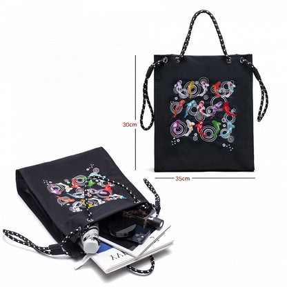 Trendy Koi Black Tote Bag With Zipper Closure And Drawstring Strap Lucky Embroidery