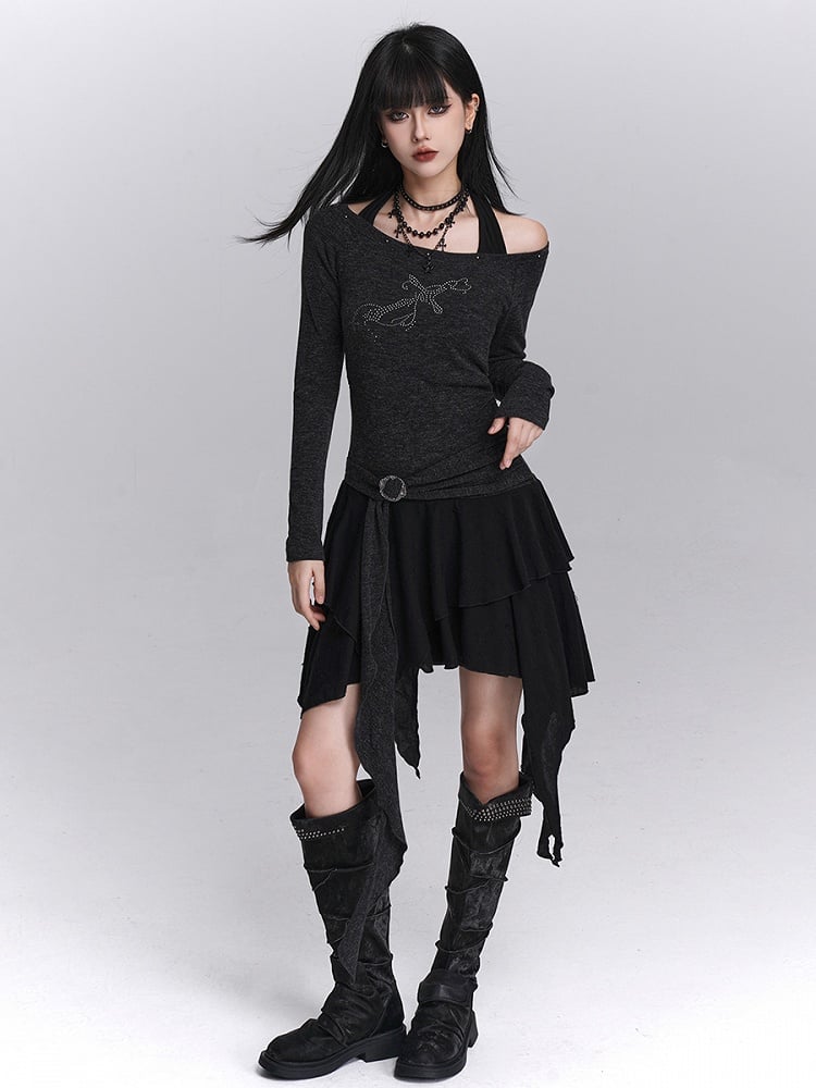 Skirt Gothic Faux Two-Piece Gray Hem Top Off-Shoulder Handkerchief Halter Dress: Studded Tiered Dark