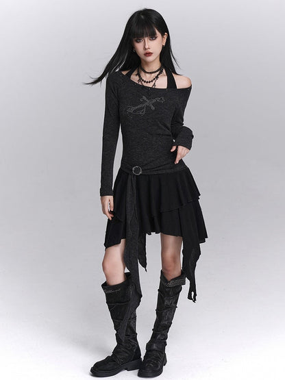 Skirt Gothic Faux Two-Piece Gray Hem Top Off-Shoulder Handkerchief Halter Dress: Studded Tiered Dark