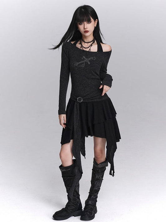 Skirt Gothic Faux Two-Piece Gray Hem Top Off-Shoulder Handkerchief Halter Dress: Studded Tiered Dark