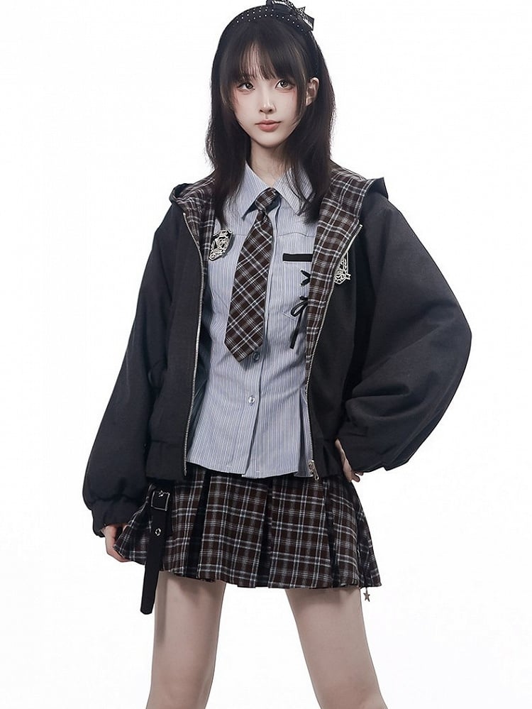 Preppy Kawaii Reversible Dark Gray Plaid Hooded Jacket - PINK SAVIOR