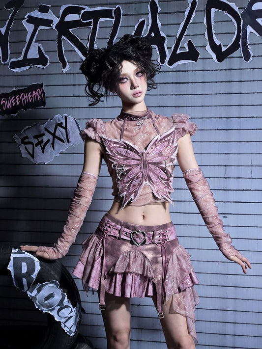 Pink Top Sleeves Punk Silver Y2K Puff with Distressed Tulle Graphics