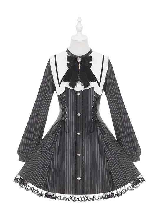Vintage Black Striped Jirai Kei Dress with Pointed Flat Collar and Cross-Stitch Lace Trim