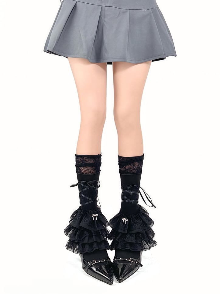 with Leg Straps Bow and White/Blue/Black Charms Ruffle Multi-Layer Warmers Lace