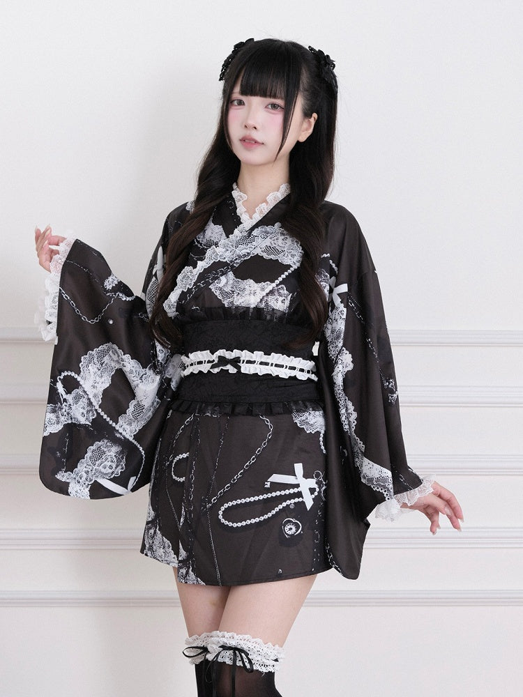 Black Yukata-Inspired Jirai Kei Lace Print Cross Collar Top with Lace Details - No Genki