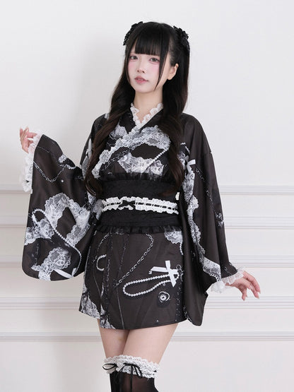 Black Yukata-Inspired Jirai Kei Lace Print Cross Collar Top with Lace Details - No Genki