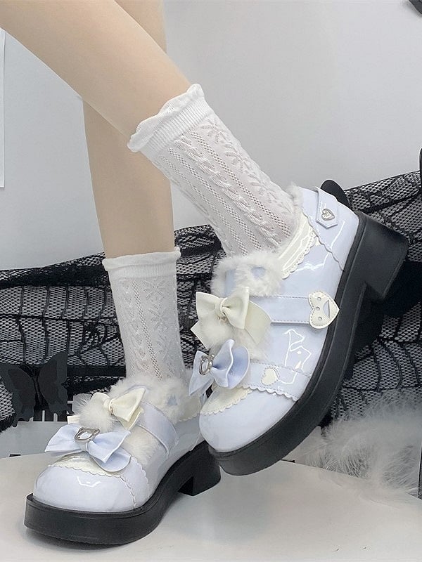 Bow Heart Sweet and Details Accents PU Heels Platform Blue White with Mid Lolita
