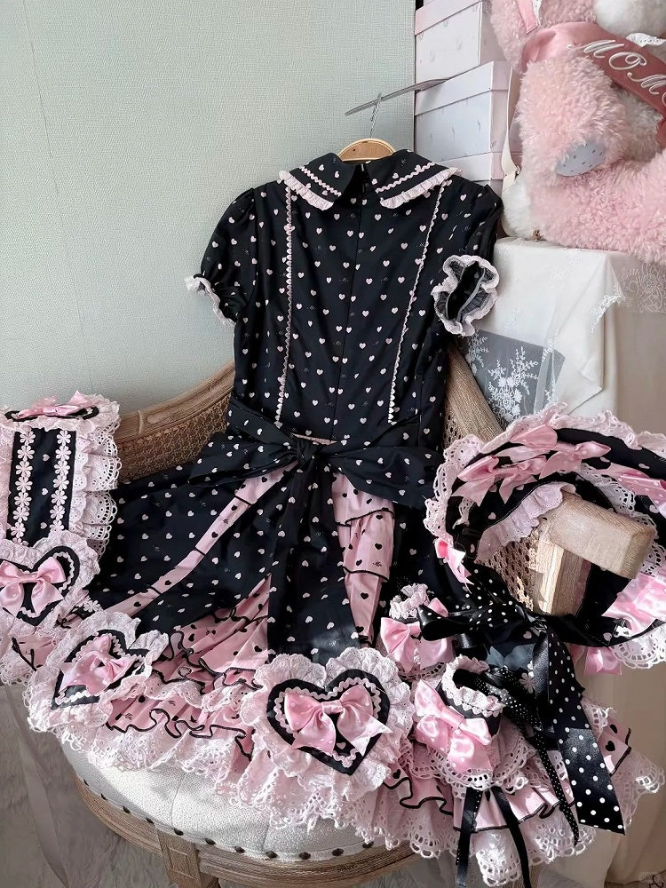 Heart Sweetheart Applique Lolita Sweet Dot Pink Dress Bow Accents Black with Polka