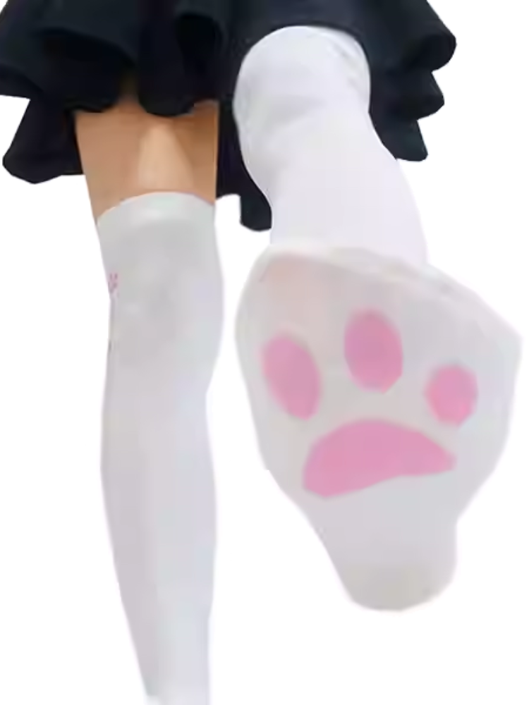 White Cat Paw Pattern  Over Knee Stockings