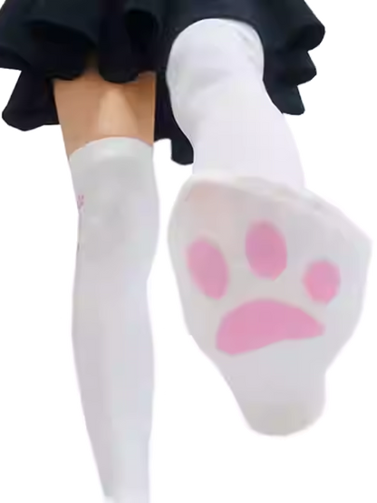 White Cat Paw Pattern  Over Knee Stockings