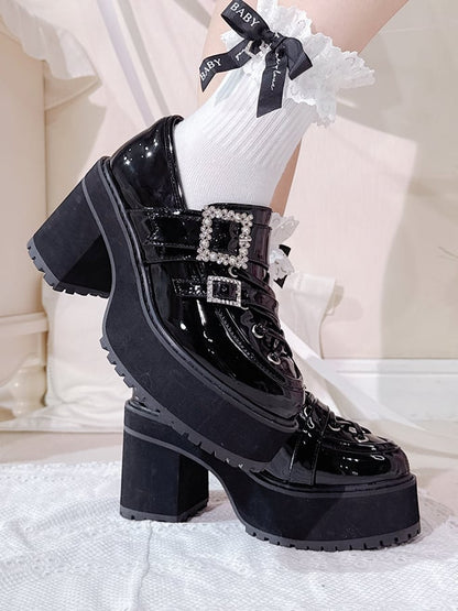 - Platform Rhinestone Kei Jirai Loafers Heel Black Strap Block Buckles High Polished Crisscross Detail