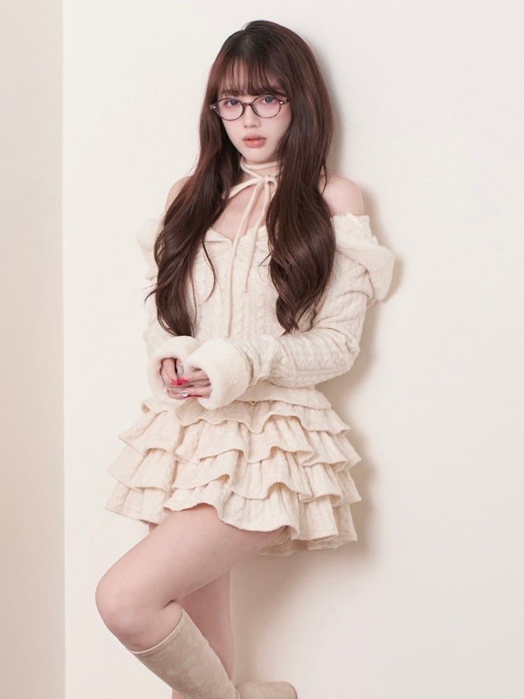 Pure Knit Kei Cuffs Jirai with Hooded White Top Design Faux Halter and Fur Tie Style