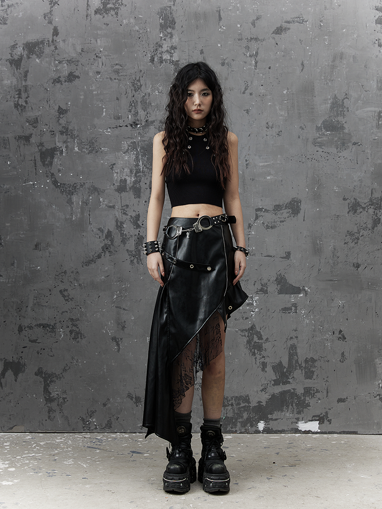 Asymmetrical Black Punk PU Skirt With Studded Belt  Lace Accents
