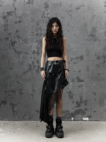 Asymmetrical Black Punk PU Skirt With Studded Belt  Lace Accents