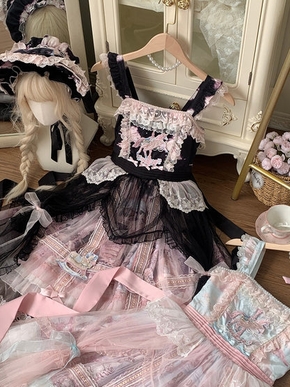 Black and Pink Curtain Tulle Overlay Flying Horse Print Skirt Lolita Jumper Skirt