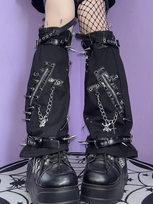 Rock Pin Punk Cross Skeleton Warmers Studs Leg Decorated Charm Black And