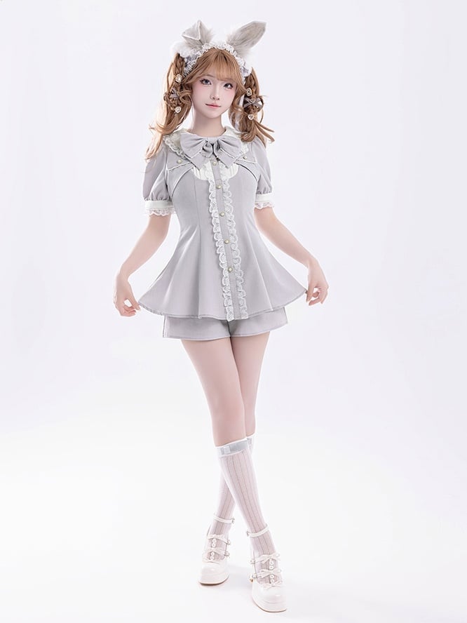 Sleeve Two-Piece Brooch Gray Kei Coord Shorts Top Bow Faux Jirai Short Set: with