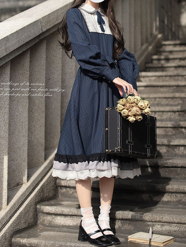 Ärmel Ein Blaues Klassisches Plaid mit Elegantem Lolita Long in Piece Taillengürtel Navy