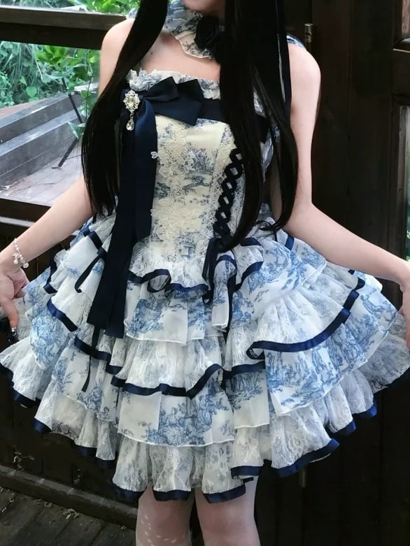 Blue & White Porcelain Motif Bridal-Style Princess Gown 82CM - Sleepless Star
