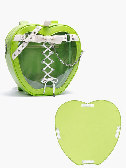 Belt And Bow Accents Chic Green Apple-Shaped Ita Backpack With White