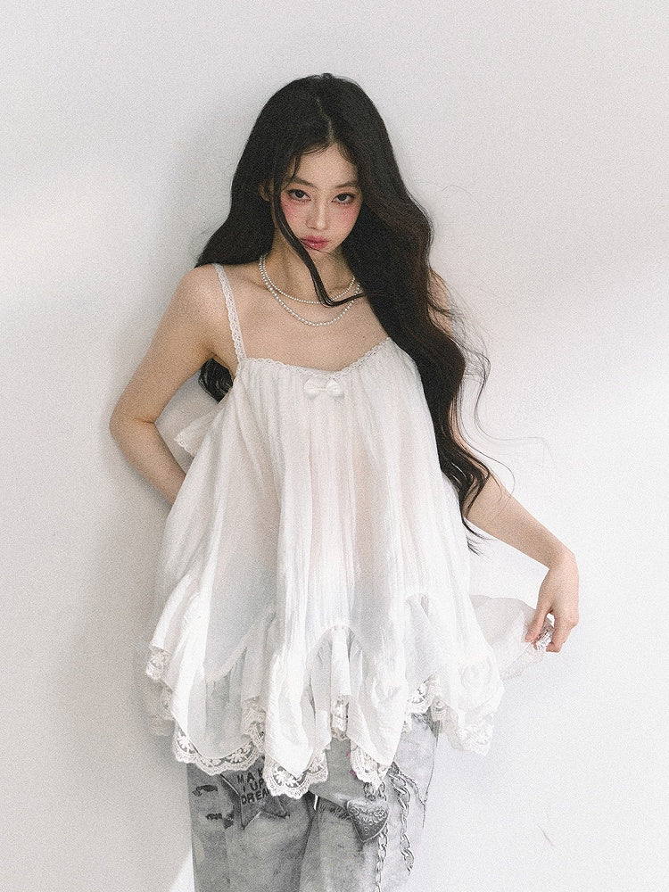 ホワイトハンカチヘムレーストリムシフォンキャミソールトップス