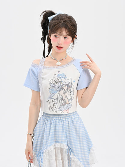 ライトブルーデザイン アニメガールプリントTシャツ カラーブロック ショート/ロングバージョン