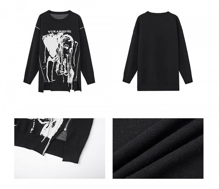 Reißverschlüsse Schwarzer lockerer Rock-Ausschnitt-Design-Punk-Rundpullover