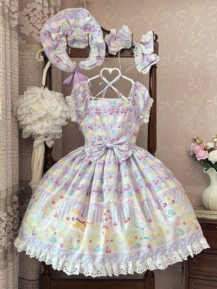 Lila Sommer und Eiscreme Lolita Sweet Cherry Kleid Print
