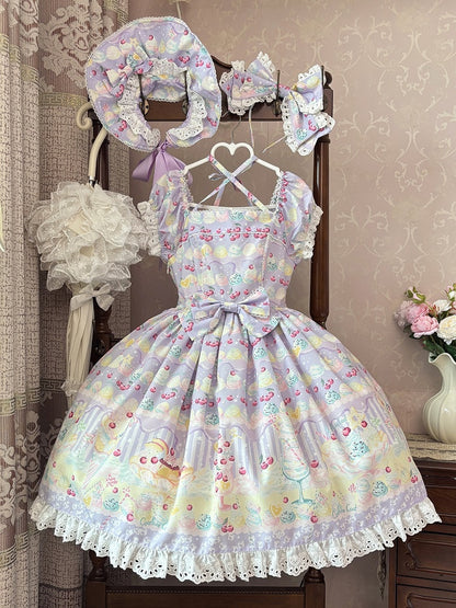 Lila Sommer und Eiscreme Lolita Sweet Cherry Kleid Print