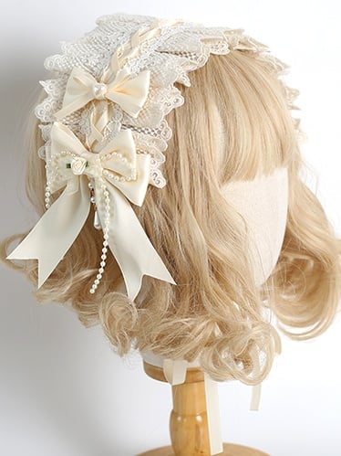 Lolita Bead With Gorgeous Beige Chain Bowknot Hairband Lace