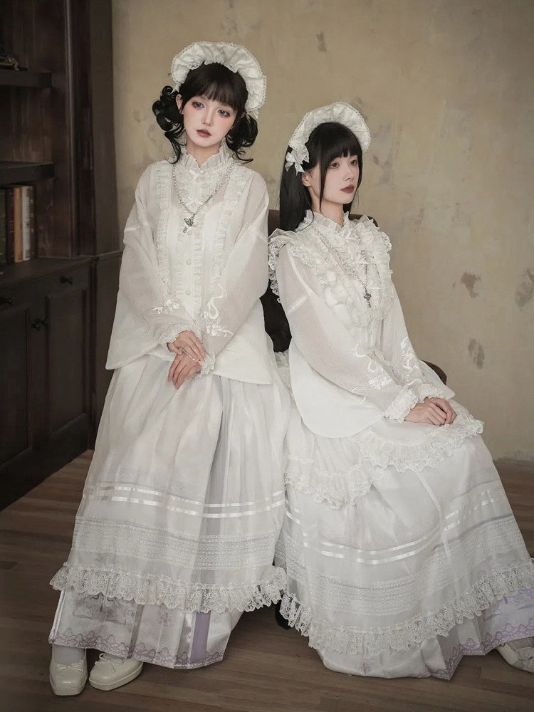 ロングスカート 花柄袖 パープル + ロリータプリント 漢馬顔とライトブラウス ホワイトセット フルスネーク