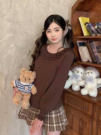 Caramel Bowknot Accent Long Sleeve Blouse with Ruffle Cuffs and Neckline - Lan Jian Chuan