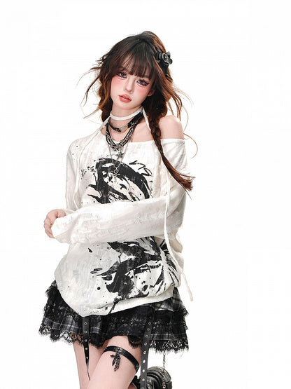 ブラック/ホワイトのアシンメトリーネックライントップス、ルーズホール、バタフライ柄、ダメージ加工プリント
