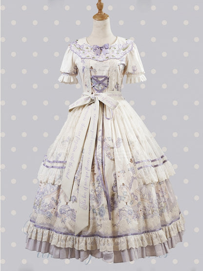 Plus Floral Purple Available Dress Short Lolita Embroidery Print Sizes and Classic Sleeves