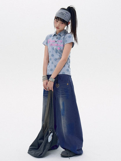 Blue Polka Dot Polo Shirt with Letter Print - innomoood