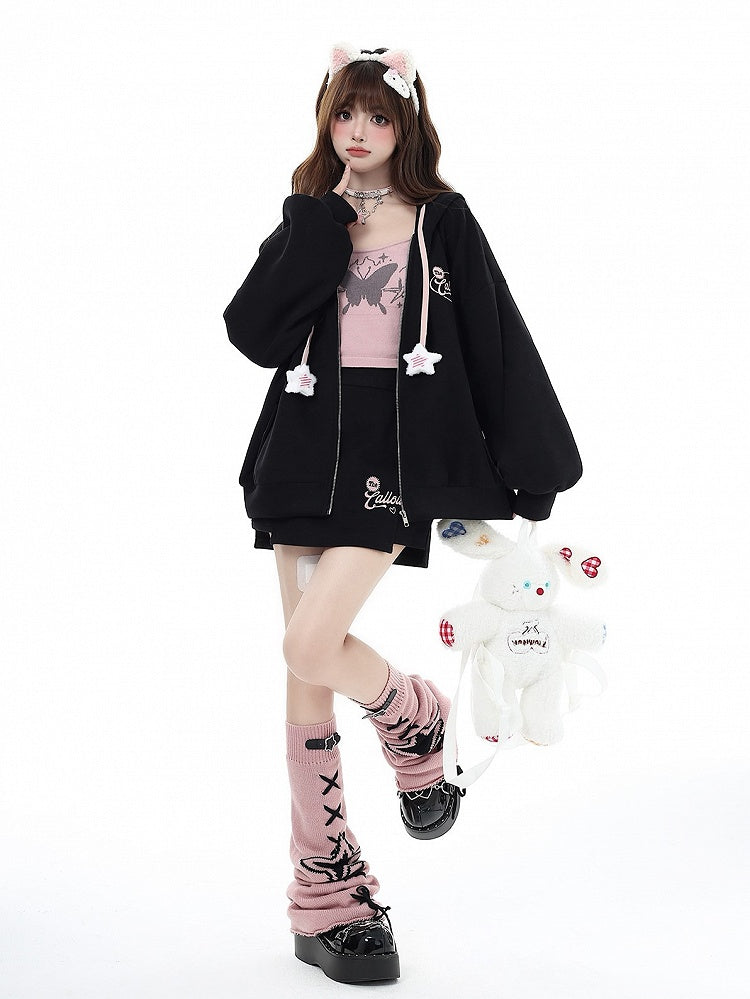 Black Hooded with and Charm Embroidered Jacket Star Drawstrings Chest Lettering