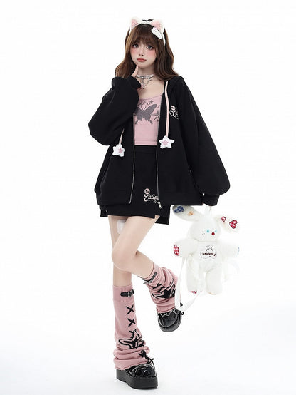 Black Hooded with and Charm Embroidered Jacket Star Drawstrings Chest Lettering