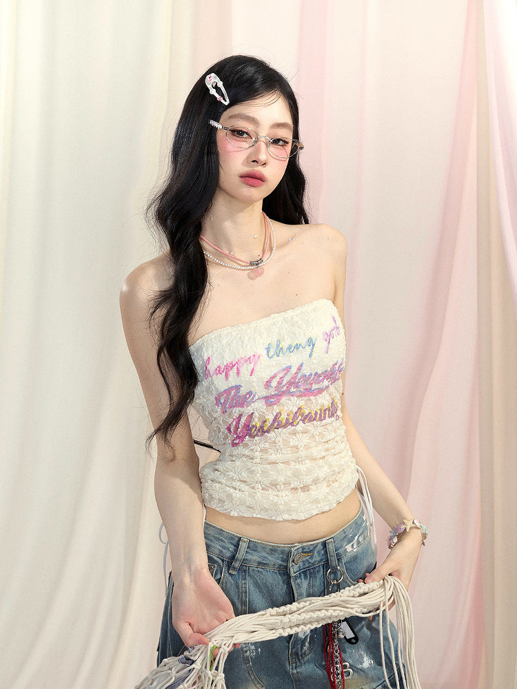 プリントグラマラスストラップレストップレースドローストリングウエストレターアプリコット