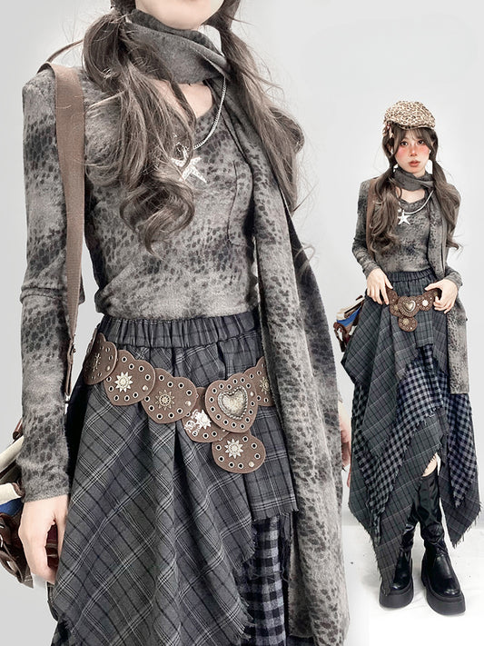 Camelfarbenes Leoparden-Top mit V-Ausschnitt und Schal